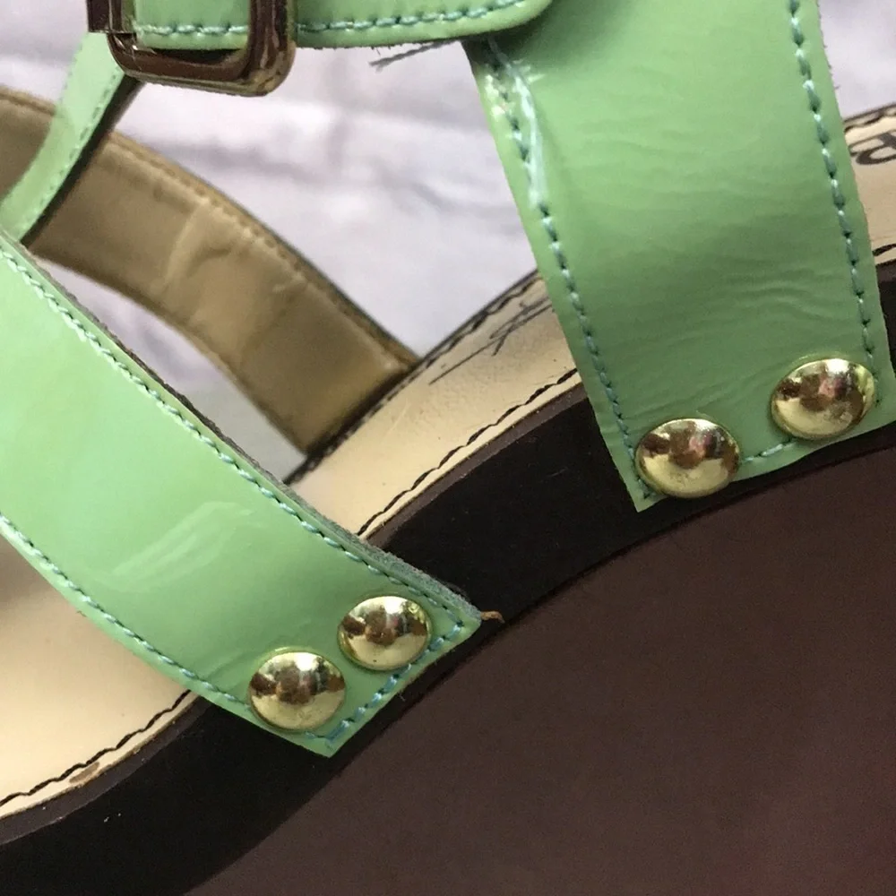 ABS Allen Schwartz Leather “Graciela” Ankle Strap Wedges, Mint Green 7.5
